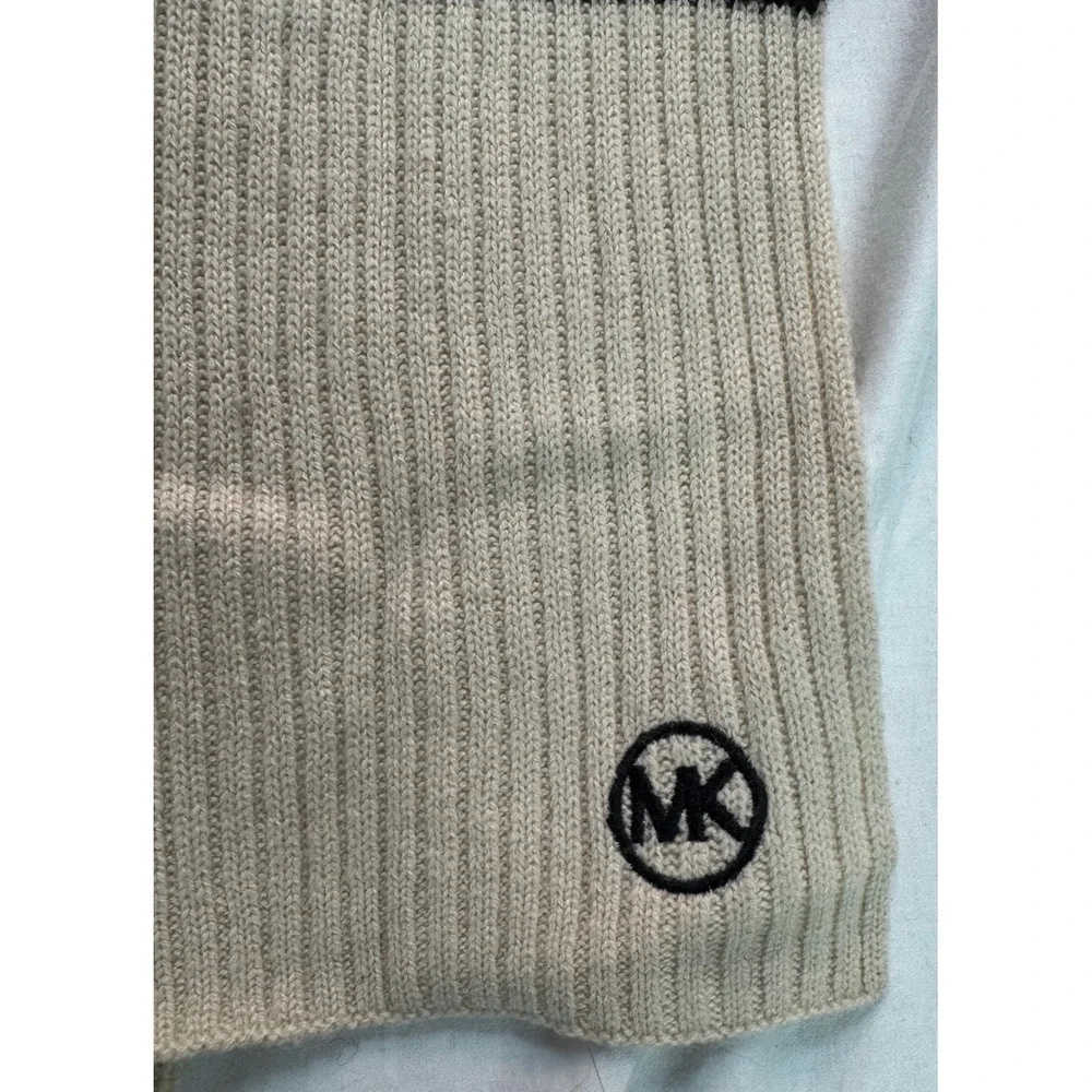 Michael Kors Wool Cashmere Ribbed Striped Scarf Cream Black MK Logo One Size
